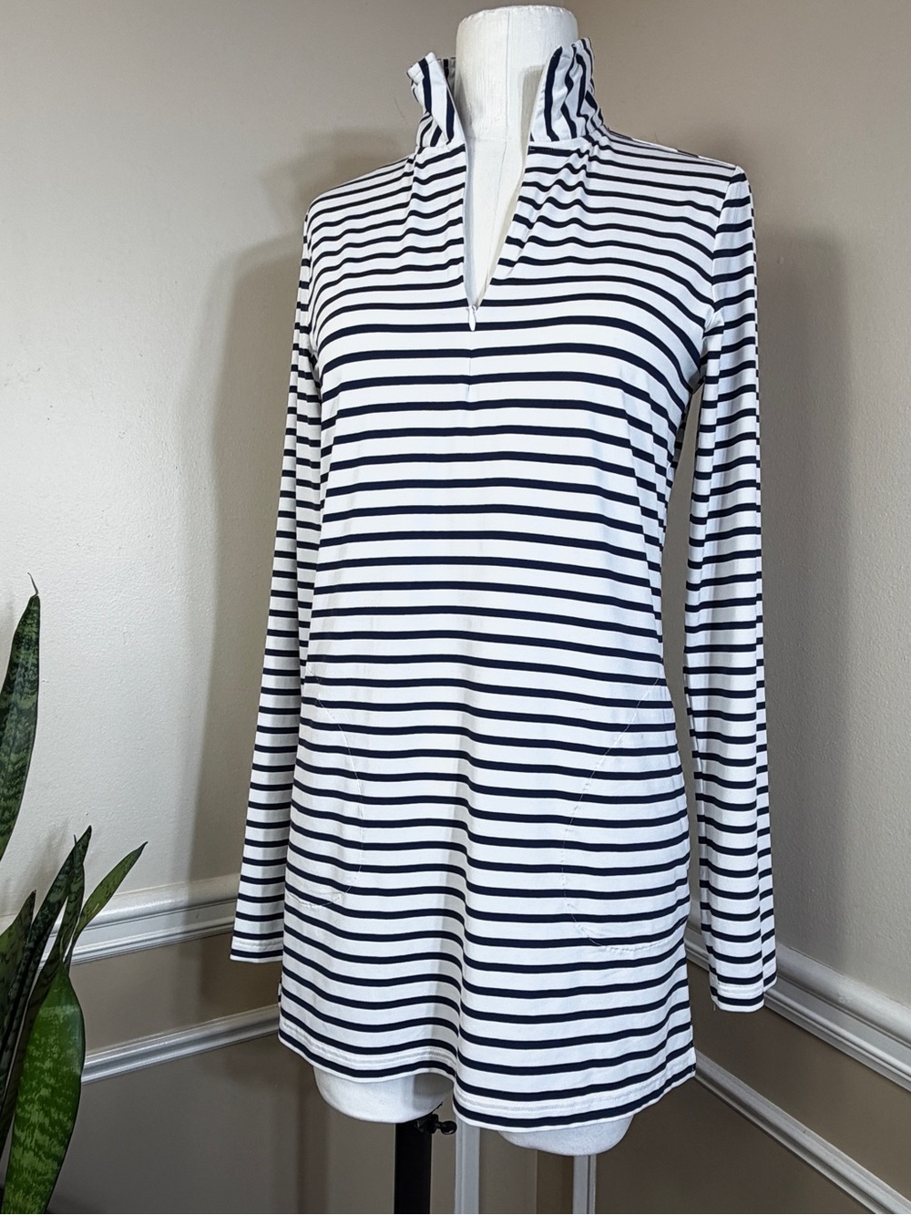 Lands' End Cover-up Swim Suit Fabric Blue White Striped Mini Dress Long Sleeve